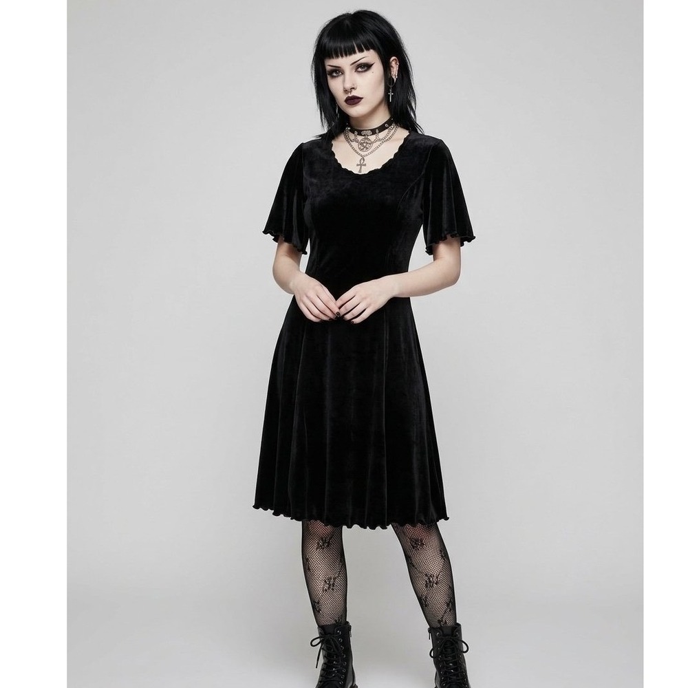 Vintage Whimsigoth Velvet Dress Lettuce Asymmetric Hem 6 Black Goth Base Layer